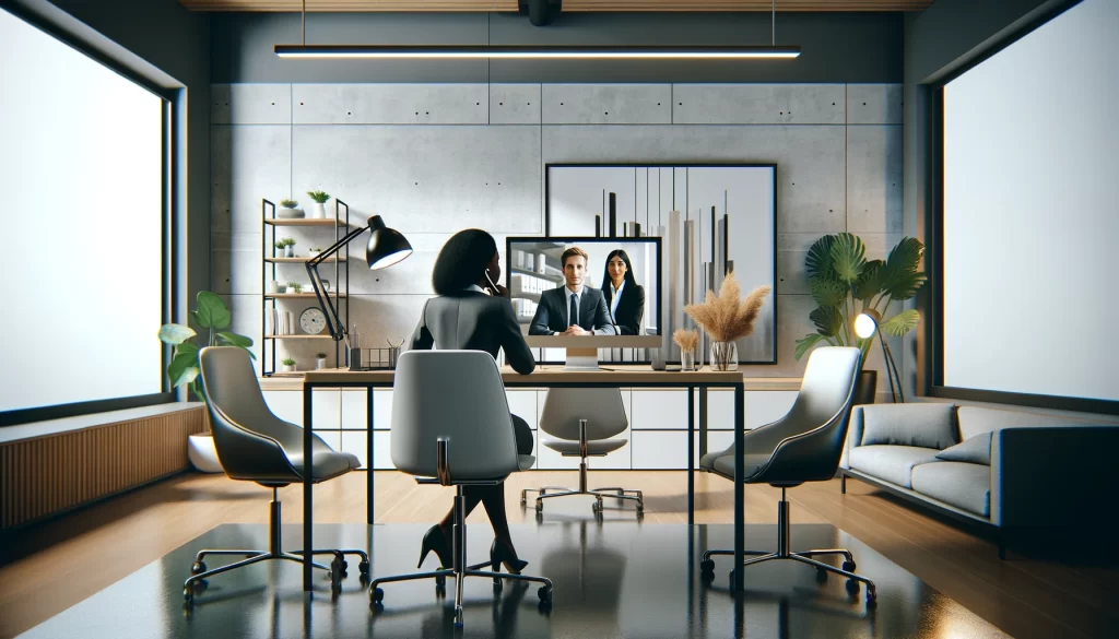 Woman sitting at desk on phone talking to people on computer
