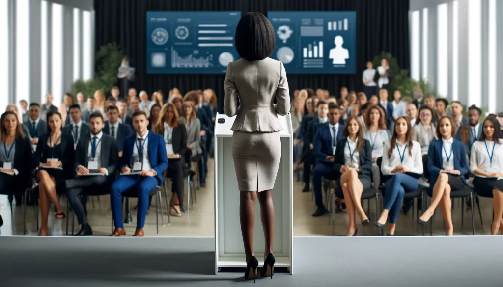 woman speaking at podicm in front of an audience
