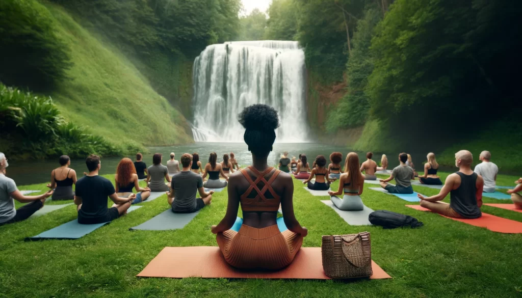 picture of people meditating at waterfall
